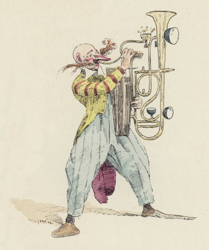 Payaso tocando un instrumento musical inusual (litografía en color) de Jules Arsene (after) Garnier