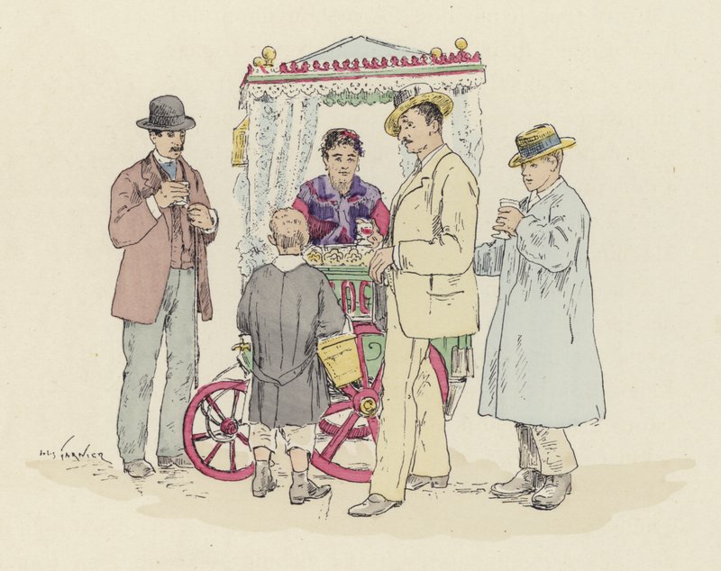Vendedor de limonada en la feria (litografía en color) de Jules Arsene (after) Garnier