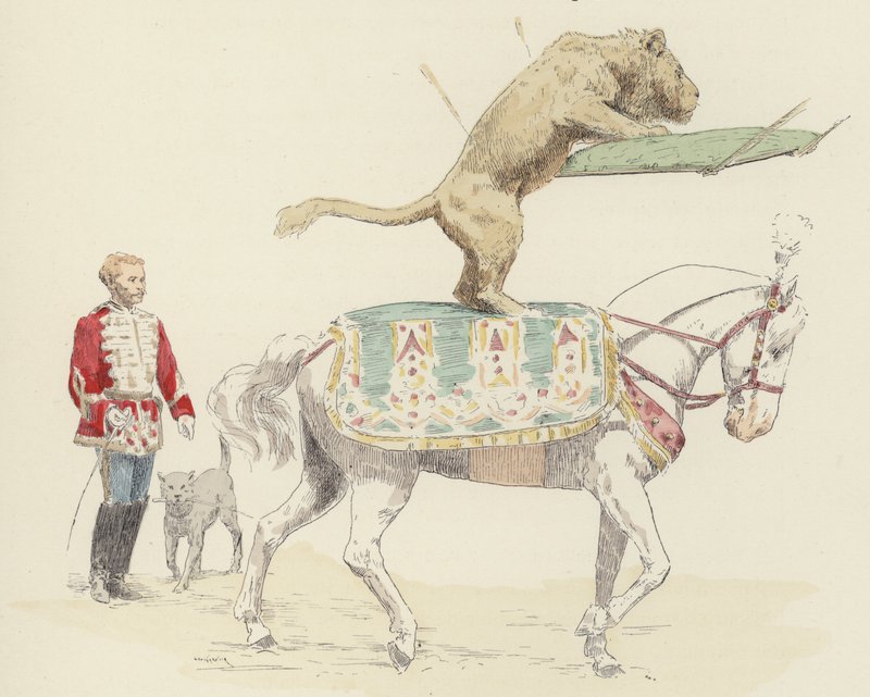 León equilibrándose sobre un caballo (litografía en color) de Jules Arsene (after) Garnier