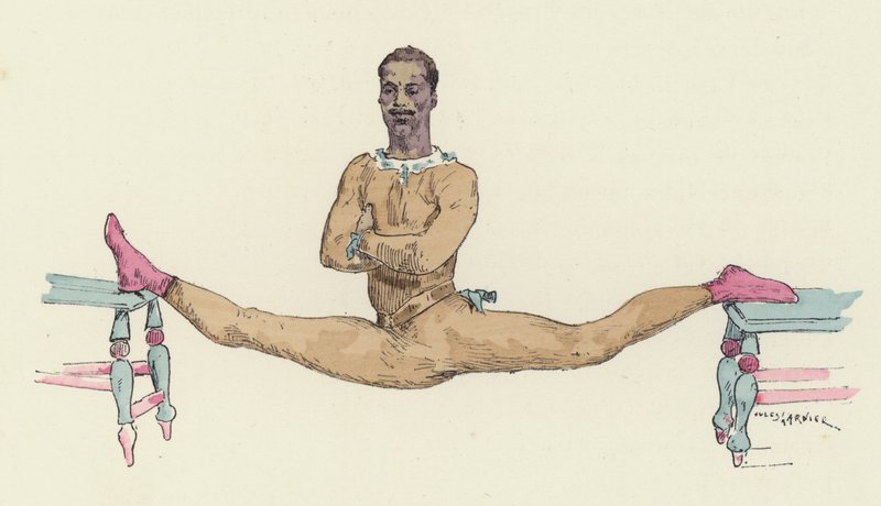 Gimnasta masculino haciendo el split (litografía en color) de Jules Arsene (after) Garnier