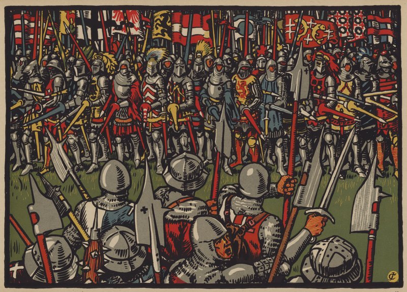 Victoria de los suizos sobre los austriacos en la Batalla de Sempach, 9 de julio de 1386 (litografía a color) de Jules Courvoisier