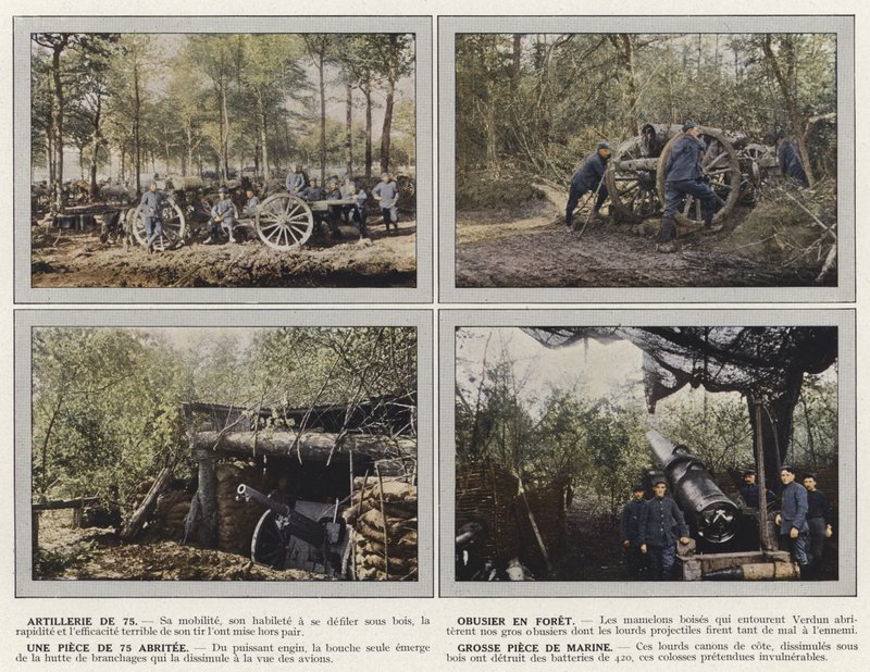 Artillería de 75, Obús en el bosque, una pieza de 75 protegida, gran pieza de marina de Jules Gervais Courtellemont