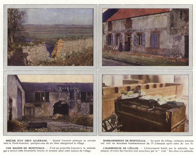 Brecha de un obús alemán, bombardeo de Montceaux, una casa de Montceaux, el armonio de la iglesia de Jules Gervais Courtellemont