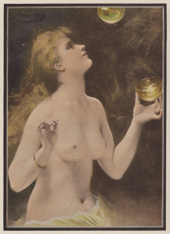Mujer soplando burbujas de jabón (litografía en color) de Jules Louis Machard