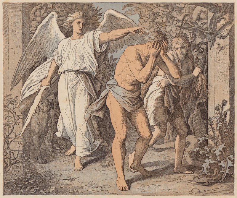 Adán y Eva expulsados del Paraíso, Génesis, III, 23, 24 (grabado coloreado) de Julius (after) Schnorr von Carolsfeld