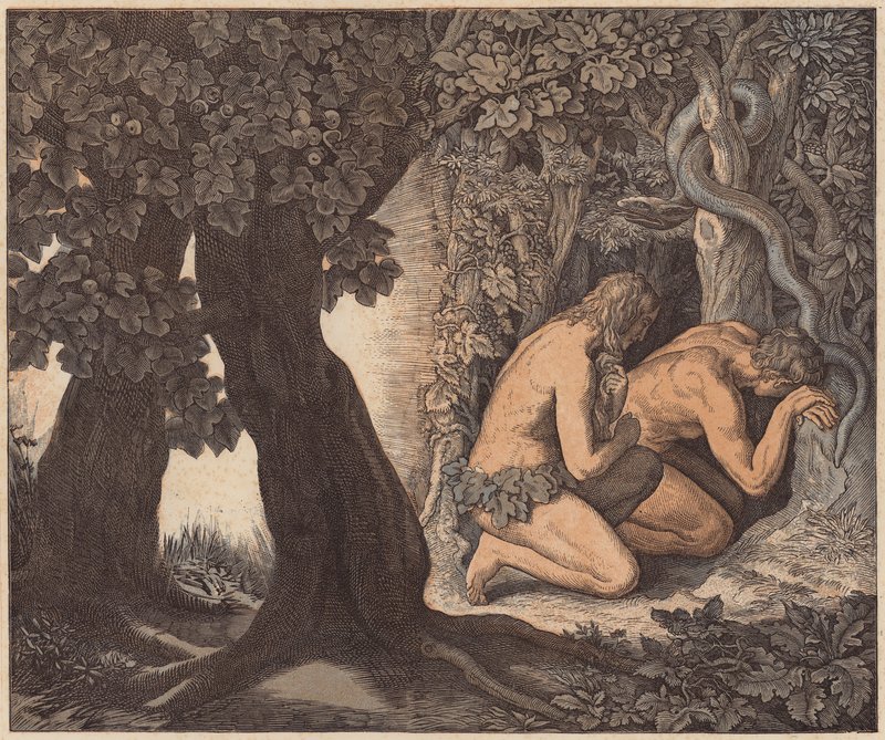 Adán y Eva escondidos en el Jardín, Génesis, III, 8 (grabado coloreado) de Julius (after) Schnorr von Carolsfeld