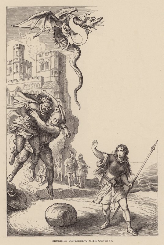 Brunilda luchando con Gunther (grabado) de Julius (after) Schnorr von Carolsfeld