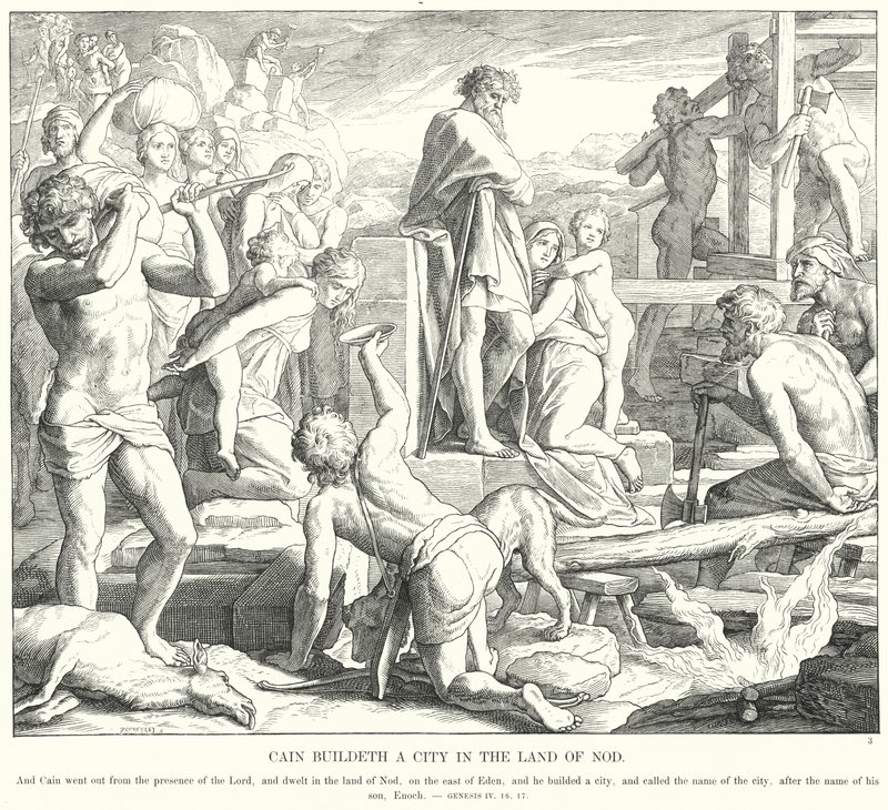 Caín Construye una Ciudad en la Tierra de Nod (grabado) de Julius (after) Schnorr von Carolsfeld