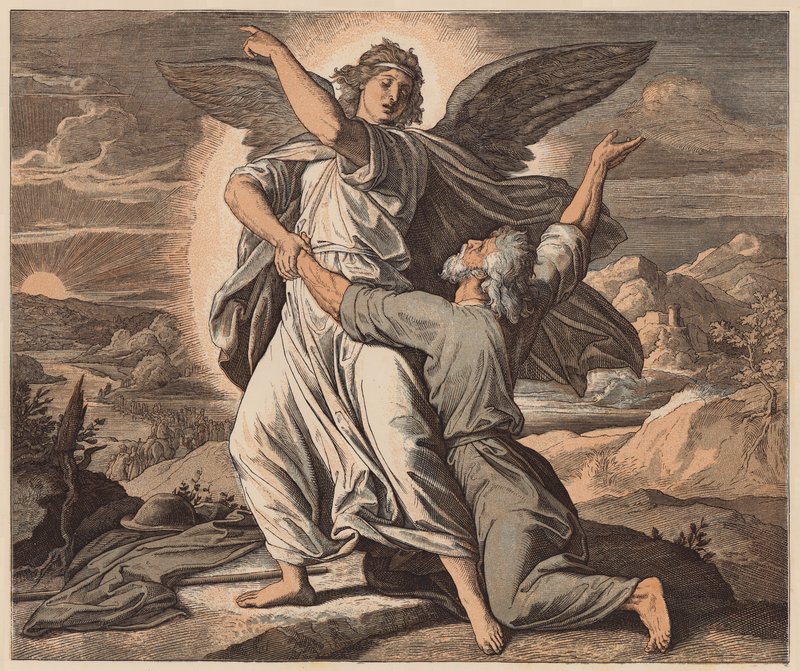 Jacob luchando con el Ángel, Génesis, XXXII, 26 (grabado coloreado) de Julius (after) Schnorr von Carolsfeld