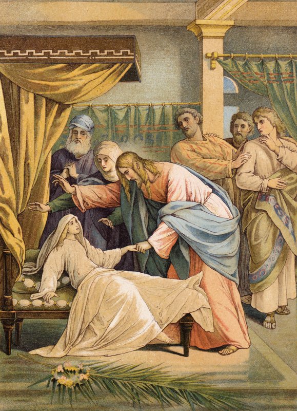 Jesús y la hija de Jairo (litografía en color) de Julius (after) Schnorr von Carolsfeld