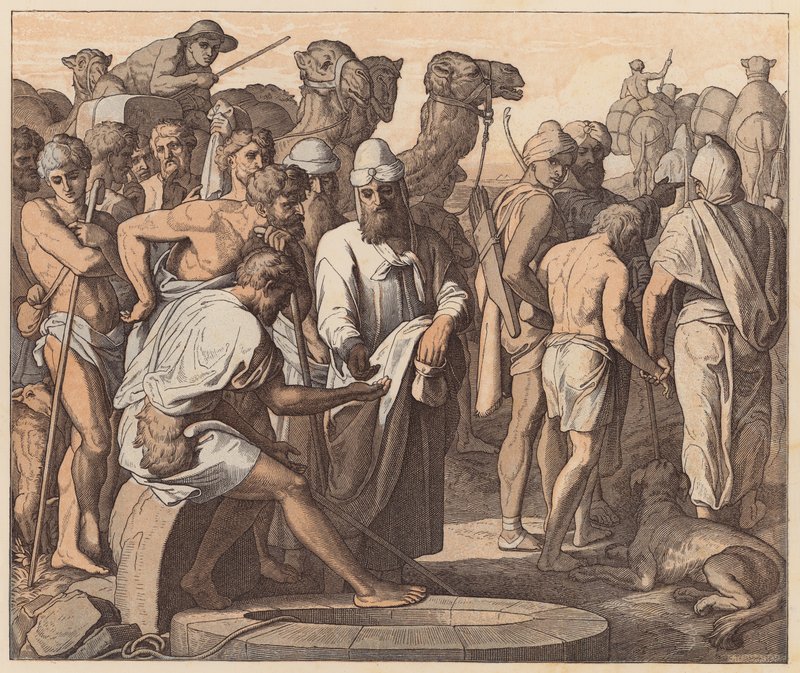 José vendido por sus hermanos, Génesis, XXXVII, 28 (grabado coloreado) de Julius (after) Schnorr von Carolsfeld