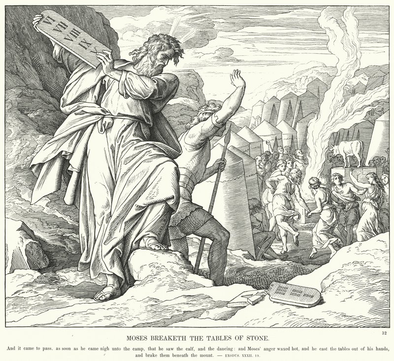 Moisés rompe las tablas de piedra (grabado) de Julius (after) Schnorr von Carolsfeld