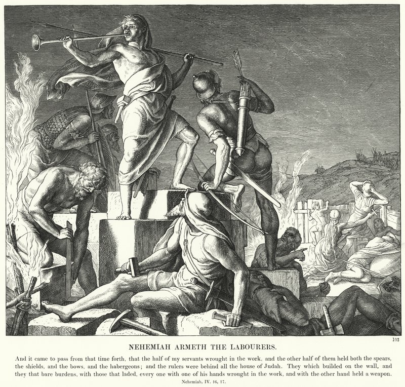 Nehemías arma a los trabajadores (grabado) de Julius (after) Schnorr von Carolsfeld