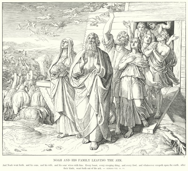 Noé y su familia saliendo del arca (grabado) de Julius (after) Schnorr von Carolsfeld