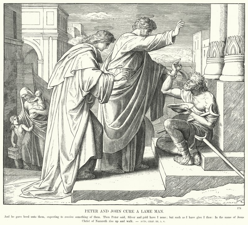 Pedro y Juan Curan a un Hombre Cojo (grabado) de Julius (after) Schnorr von Carolsfeld