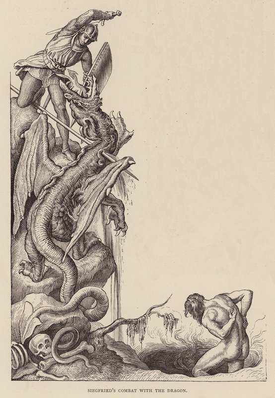 Combate de Sigfrido con el dragón (grabado) de Julius (after) Schnorr von Carolsfeld