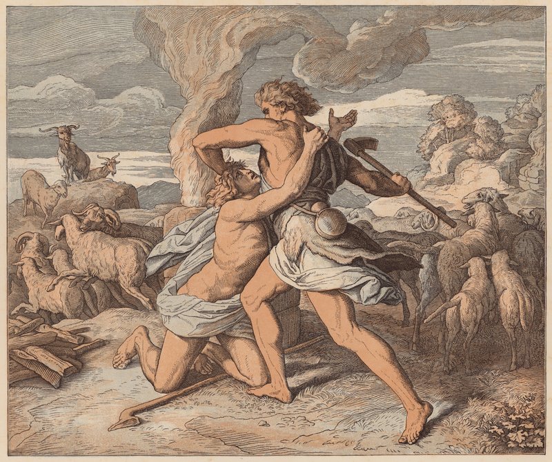 La muerte de Abel, Génesis, IV, 8 (grabado coloreado) de Julius (after) Schnorr von Carolsfeld