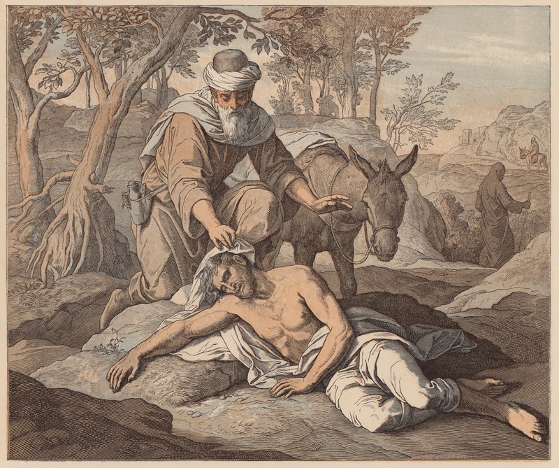 El buen samaritano, San Lucas, X, 33, 34 (grabado coloreado) de Julius (after) Schnorr von Carolsfeld