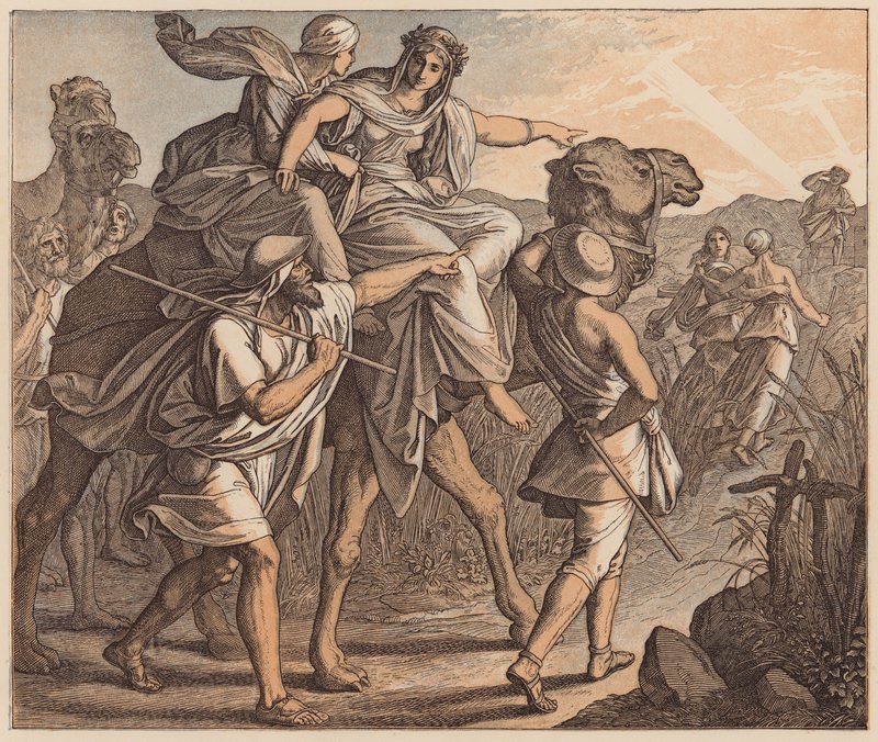 El encuentro de Isaac y Rebeca, Génesis, XXIV, 64 (grabado coloreado) de Julius (after) Schnorr von Carolsfeld