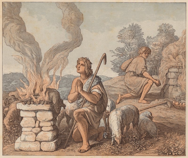 Las ofrendas de Caín y Abel, Génesis, IV, 3, 4 (grabado coloreado) de Julius (after) Schnorr von Carolsfeld