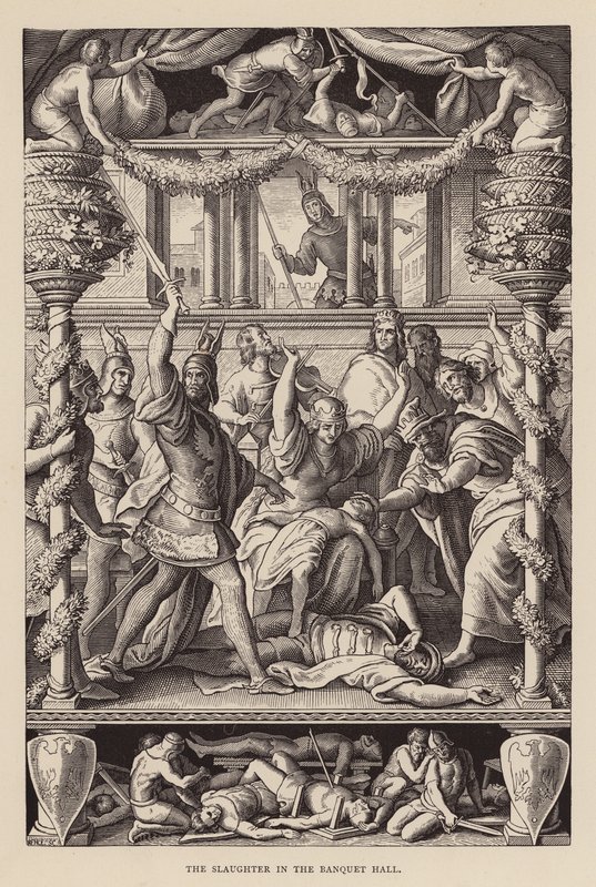 La matanza en la sala de banquetes (grabado) de Julius (after) Schnorr von Carolsfeld