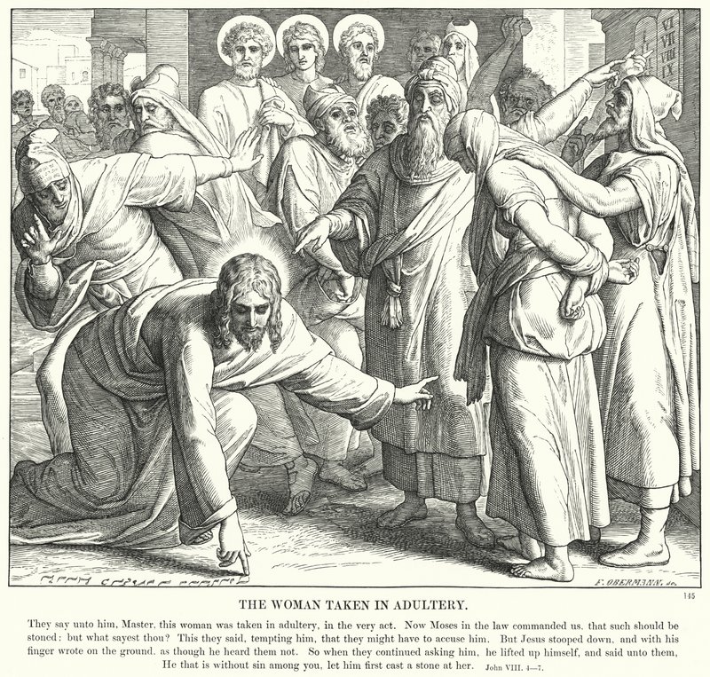 La mujer sorprendida en adulterio (grabado) de Julius (after) Schnorr von Carolsfeld