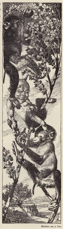 Monos recogiendo fruta en un árbol (litografía) de Julius Diez