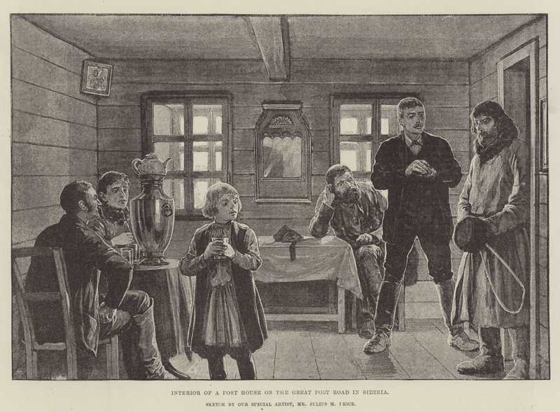 Interior de una casa de correos en la Gran Ruta Postal en Siberia de Julius Mandes Price