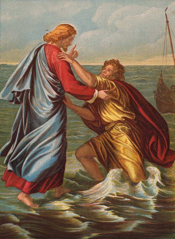 Pedro caminando sobre el mar (litografía en color) de Julius Schnorr von Carolsfeld