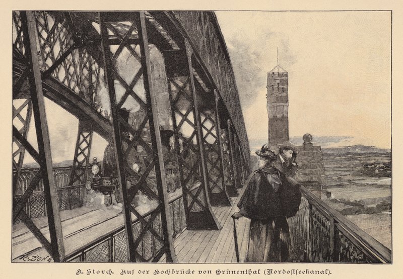 En el puente elevado de Grunental sobre el canal de Kiel, Alemania (grabado) de Karl Storch
