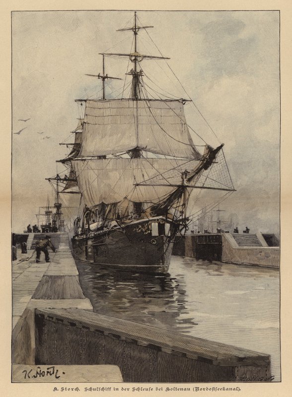 Buque escuela en la esclusa de Holtenau en el Canal de Kiel, Alemania (grabado coloreado) de Karl Storch