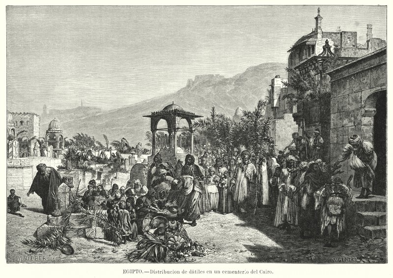 Distribución de dátiles en un cementerio, El Cairo, Egipto de Karl Wilhelm Gentz