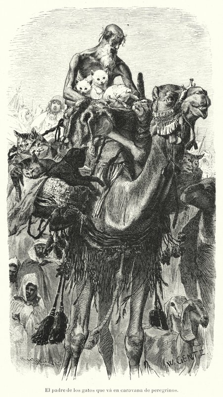Guardián de gatos viajando con una caravana de peregrinos (litografía) de Karl Wilhelm Gentz