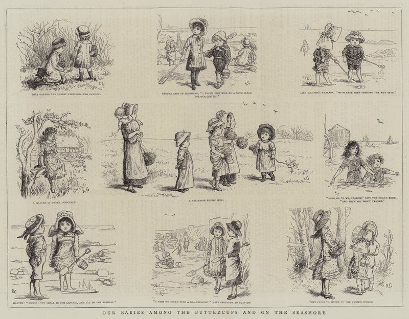 Nuestros bebés entre las ranúnculos y en la orilla del mar de Kate Greenaway
