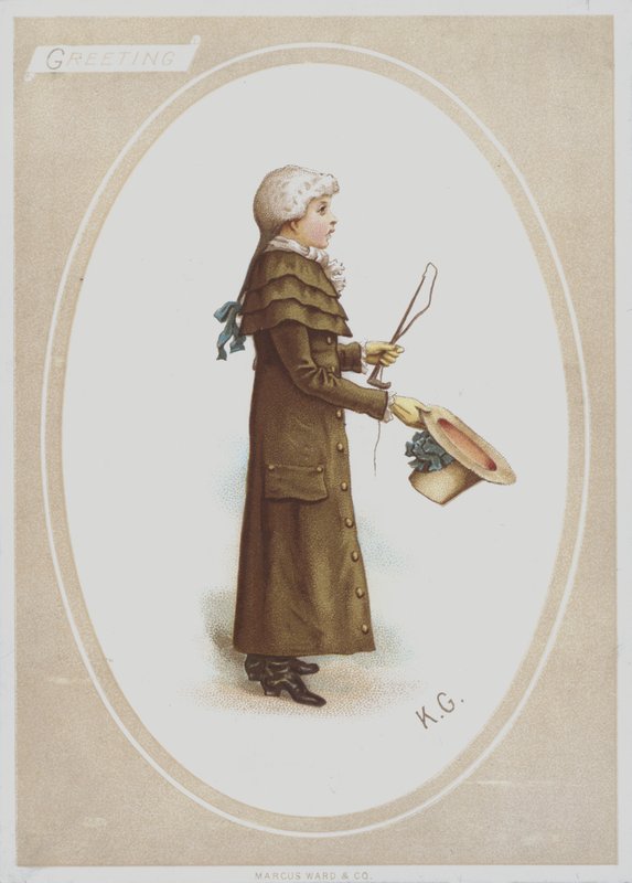 Niño con abrigo largo marrón, con peluca, sosteniendo sombrero y látigo de caza de Kate (after) Greenaway