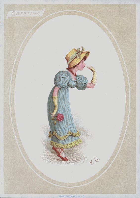 Niña con vestido azul, con sombrero de paja, sosteniendo una rosa de Kate (after) Greenaway