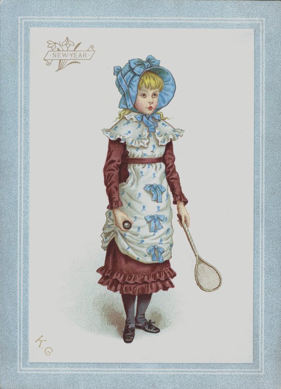Niña con vestido y gorro, sosteniendo volante y raqueta de Kate (after) Greenaway
