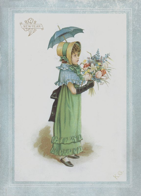 Niña con vestido verde, sosteniendo un parasol y un ramo de flores de Kate Greenaway