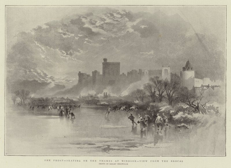 La helada, patinaje en el Támesis en Windsor, vista desde el Brocas de Keeley Halswelle