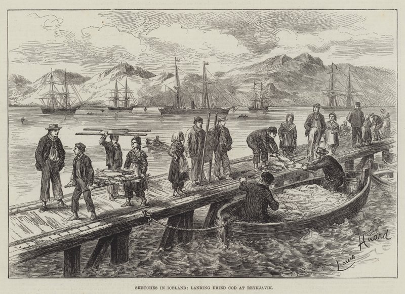 Bocetos en Islandia, desembarcando Bacalao Seco en Reikiavik de L. Huard
