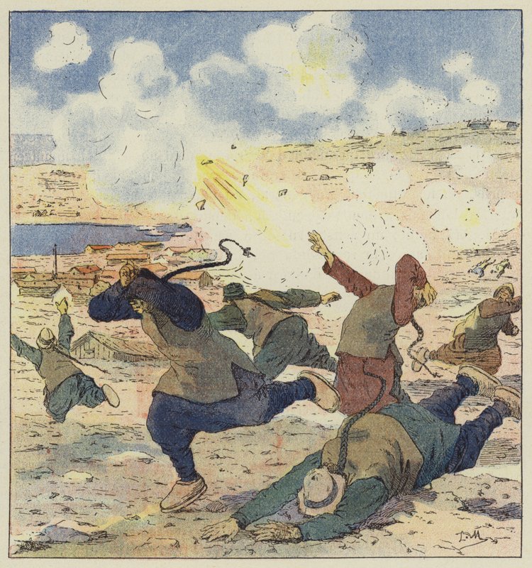 Huida de los chinos en el primer bombardeo de Port-Arthur de L. Malespine