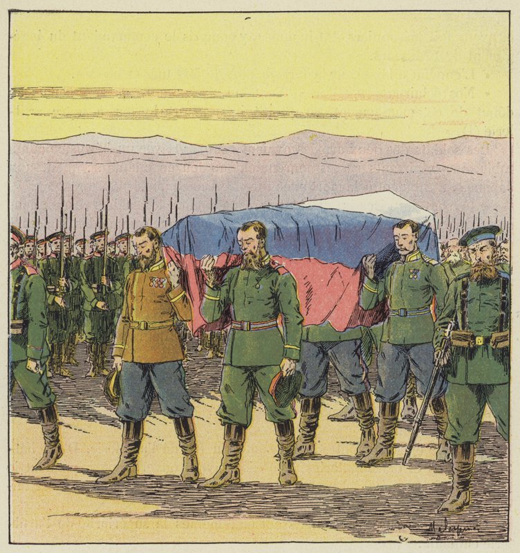 Funerales de los heridos rusos después de la batalla de Vafangou de L. Malespine