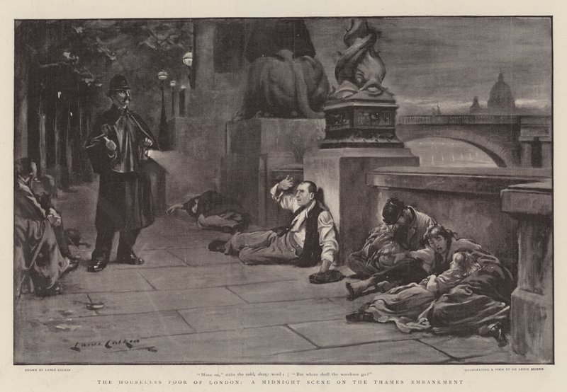 Los pobres sin hogar de Londres, una escena de medianoche en el malecón del Támesis de Lance Calkin
