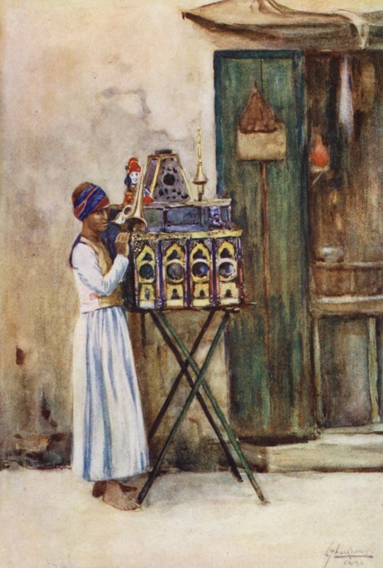 Pueblo de Egipto: Peep-Show Man, Beta Sanduk el Dunia (litografía en color) de Lance Thackeray