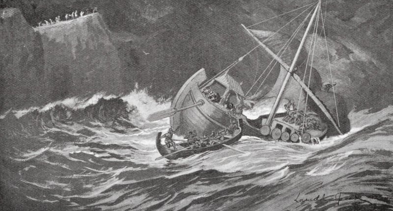 El barco maderero fue sorprendido por una tormenta y los monjes acudieron en su ayuda en pequeñas embarcaciones (litografía) de Lancelot Speed
