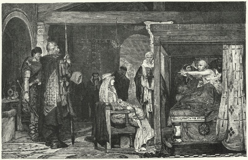 La reina Fredegunda en el lecho de muerte del obispo Praetextatus, 586 de Lawrence Alma Tadema
