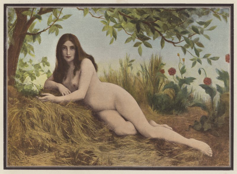 Verano, mujer tumbada en el heno (litografía en color) de Leon Printemps