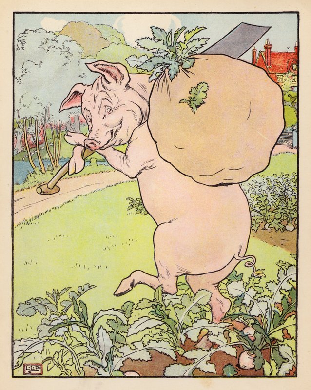 Ilustración de Los tres cerditos (litografía en color) de Leonard Leslie Brooke
