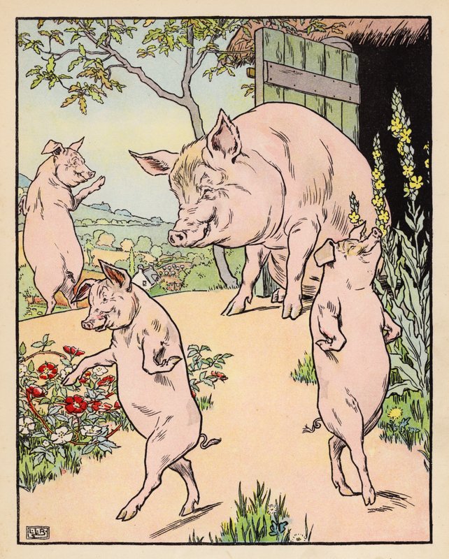 Ilustración de Los tres cerditos (litografía en color) de Leonard Leslie Brooke