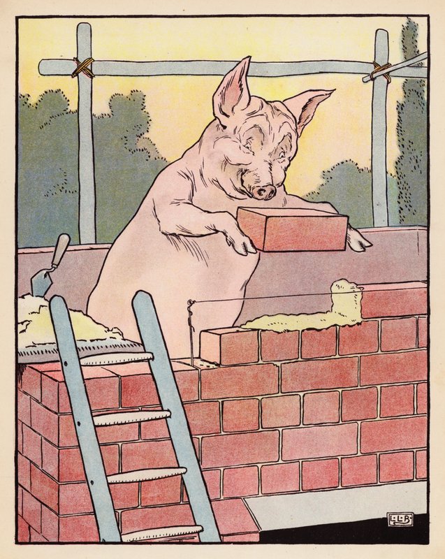 Ilustración de Los tres cerditos (litografía en color) de Leonard Leslie Brooke